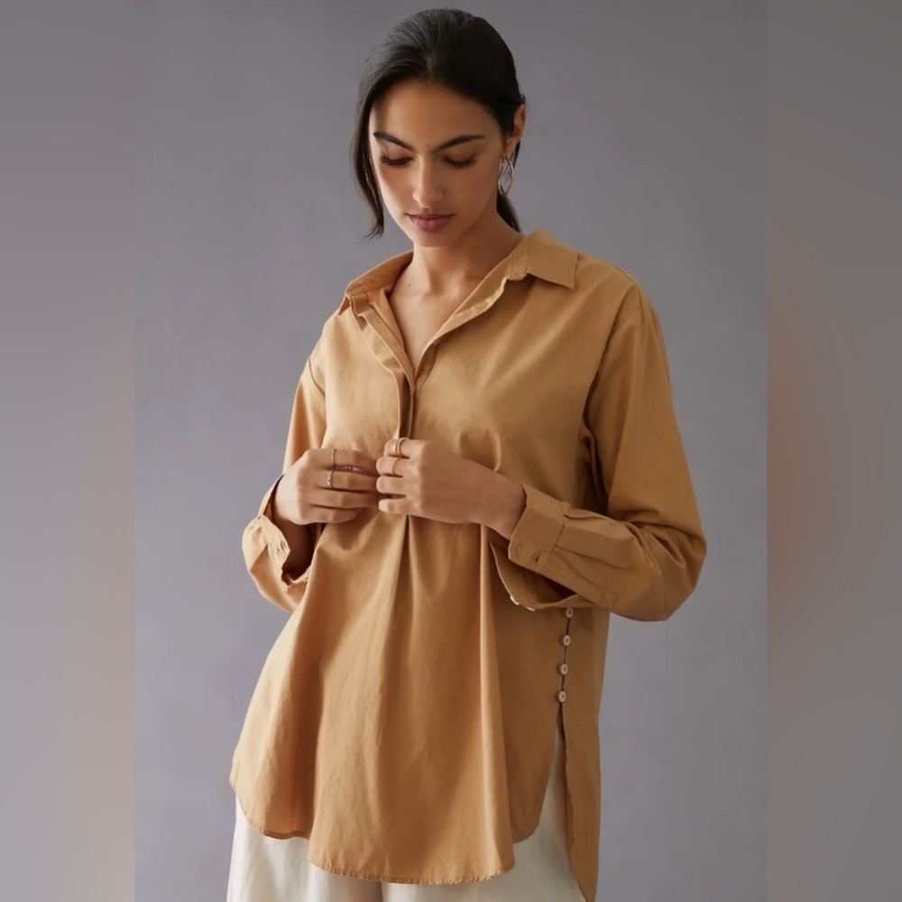 Anthropologie women's button down Side Button tunic shirt Tan/copper XS
